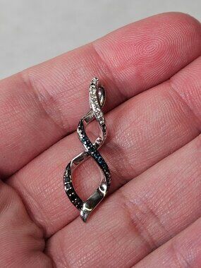 925 Sterling Silver Black White & Blue Diamond Ribbon Swirl Pendant Charm